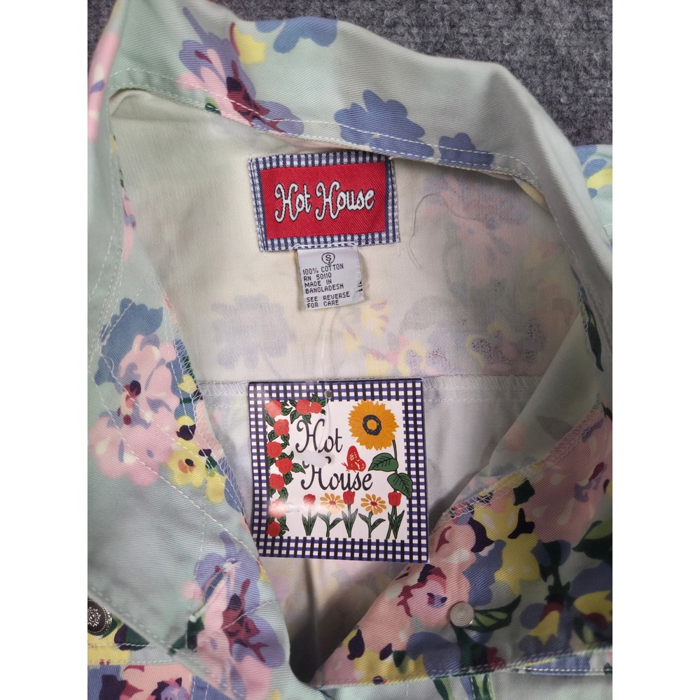 Vintage Hot House Floral Denim Vest Womens Small Green Pink 90s Cropped Cotton - Picture 6 of 8